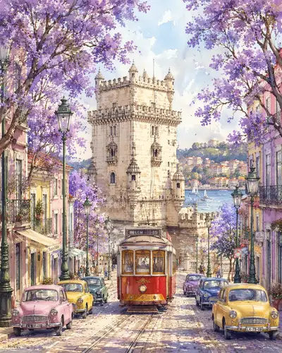 Watercolor street scene of Belem Tower in Lisbon