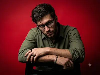 Dramatic crimson studio portrait of a bearded man