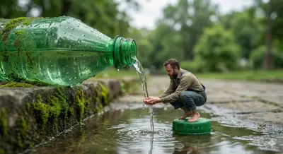 Tiny Man Drinking from Giant Bottle