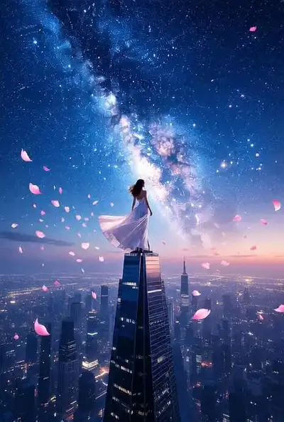 Elegant Woman on Tower Spire with Cherry Blossoms