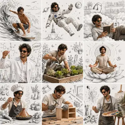 3x3 editorial collage of doodle profession scenes