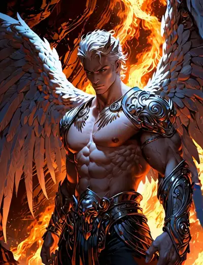 Male Angel Amidst Flames in Cave