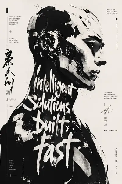 Typographic humanoid robot portrait poster