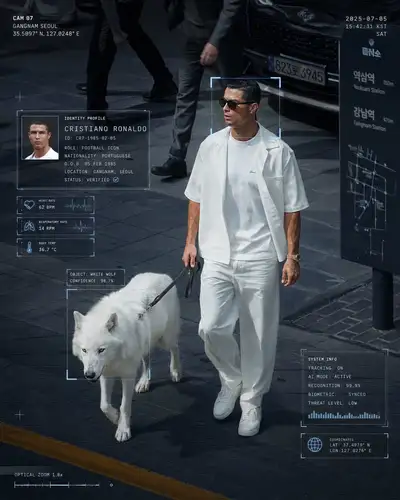 Retrato editorial de moda cybercore com HUD e companheiro lobo branco