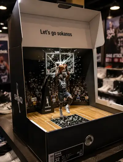 Hyper-realistic shoebox diorama of a basketball dunk