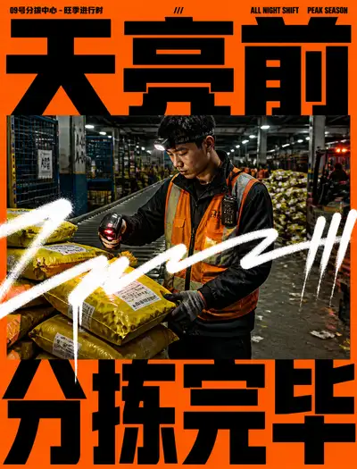 Neon warehouse sorter poster with Chinese text prompt