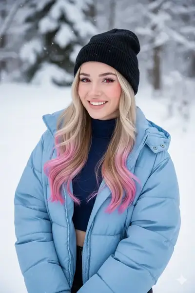 Cheerful anime-style girl with pink-tipped hair in a snowy scene