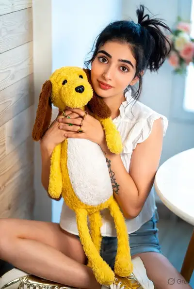 Playful Studio Portrait with Plush Dog Toy