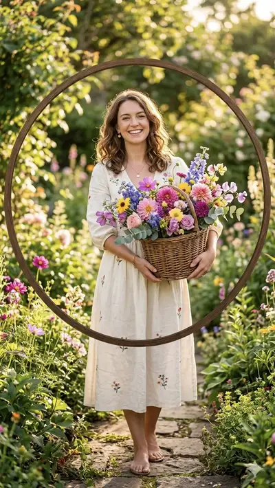 Golden Hour Woman with Wildflowers in Wooden Hoop Frame
