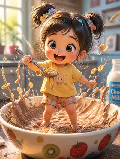 Pixar-Style Toddler in Giant Cereal Bowl