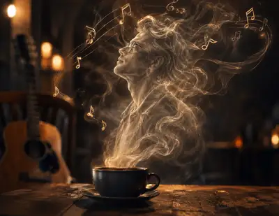 Rauchgestalt steigt aus einer dampfenden Kaffeetasse auf, Café-Szene