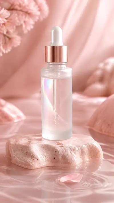 Luxury skincare serum bottle on travertine stone