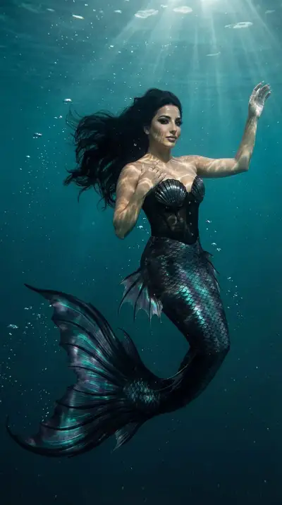 Prompt editorial fotorrealista de sirena oscura