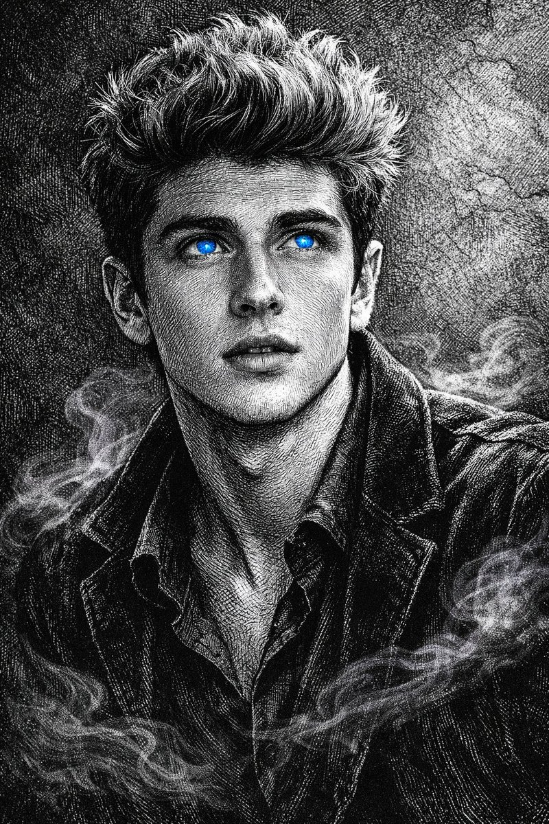 Mystical monochrome portrait with glowing blue eyes prompt