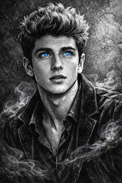 Prompt de retrato monocromático místico con ojos azules brillantes