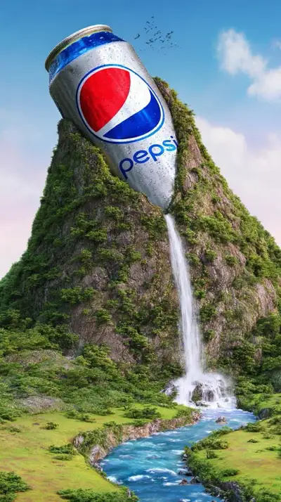 Giant Brand Can Waterfall Mountain Scene