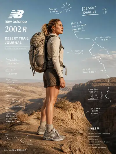 Desert trail journal campaign poster for a running shoe