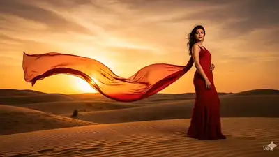 Cinematic saree fashion photoshoot in the desert at sunset