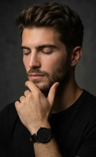 Hyper-realistic studio portrait of a thoughtful young man