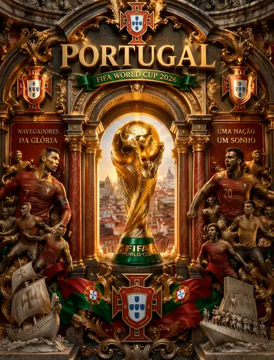 Portugal World Cup 2026 baroque trophy poster with shield motifs