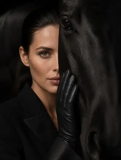 女性と黒馬のエディトリアルポートレート