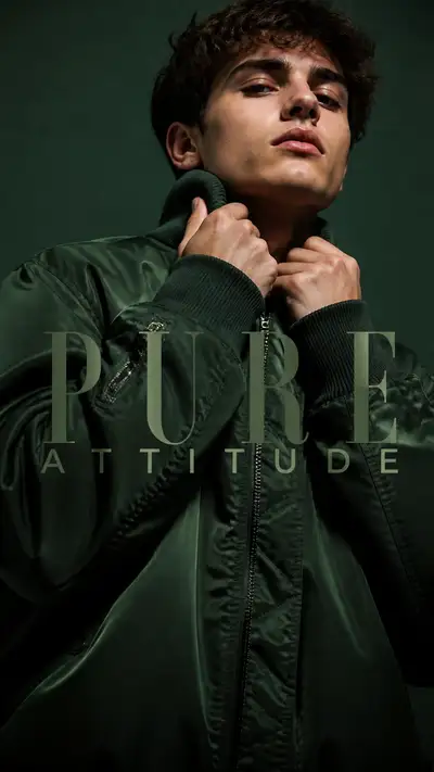 Close-up forest-green bomber jacket editorial portrait