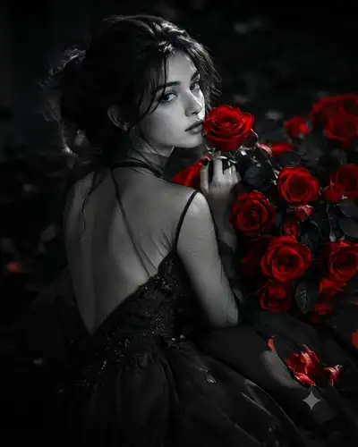 Dark Elegance and Red Roses Cinematic Portrait