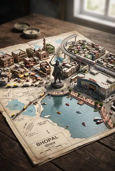Diorama 3D em miniatura de Bhopal surgindo de um mapa de ruas
