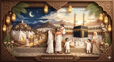 Layered Paper-Cut Diorama of a Hajj Pilgrimage Family Scene