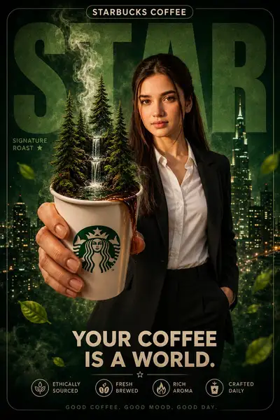 Pôster de café estilo Starbucks cinematográfico com floresta em miniatura