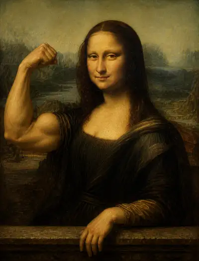 Mona Lisa flexed bicep parody portrait prompt