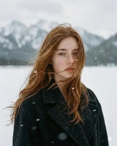 Poetic snowy landscape portrait with wind-blown auburn hair