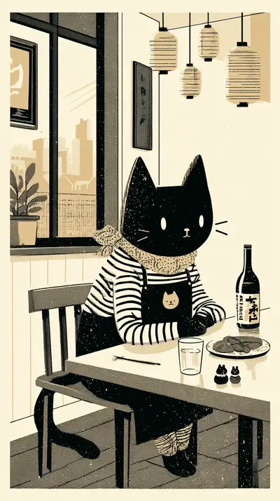 Risograph-style illustration of an anthropomorphic cat at a cafe