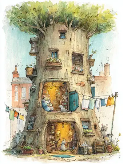 Giant Hollow Tree Home for Mice - Watercolor Illustration