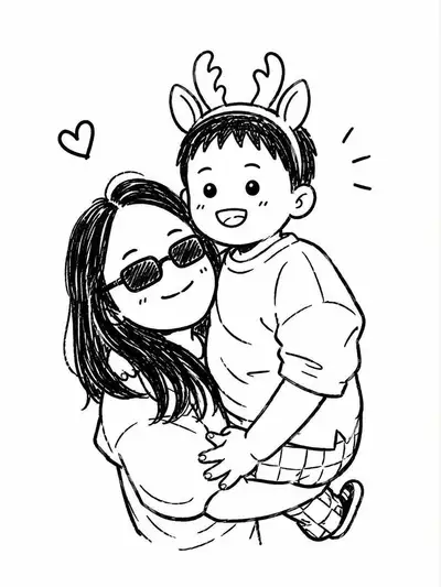 母子照片转为Q版涂鸦插画