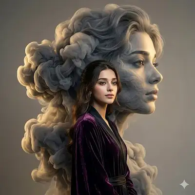 Ethereal Fashion Portrait with Smoke Silhouette