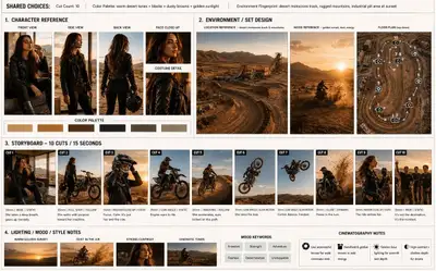 Storyboard cinématographique en 10 images d'un pilote FMX du désert