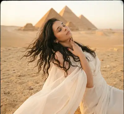 Cinematic Desert Portrait with Pyramids