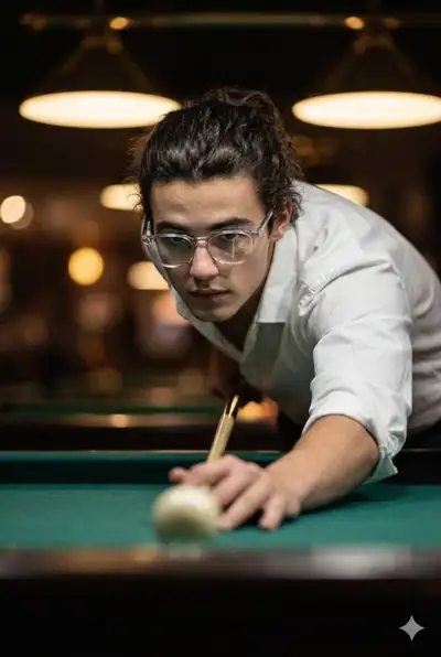 Cinematic billiards shot portrait with focused expression