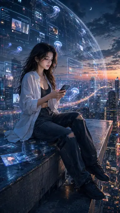 Futuristisches Cyber-Dachterrassen-Porträt mit holografischem Interface
