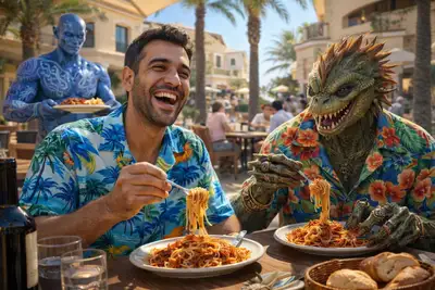 Arabian Man and Alien Dining at Outdoor Cafe