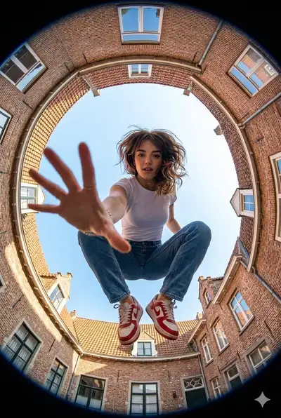 Ultra-Wide Fisheye Street Portrait With Dynamic Pose