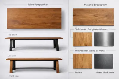 Product showcase of a table with multiple views and materials