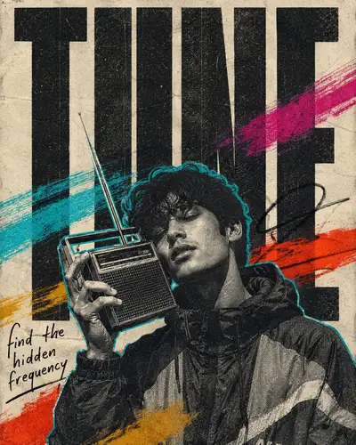 Prompt d'affiche éditoriale : collage fanzine rétro TUNE avec portrait en tramage