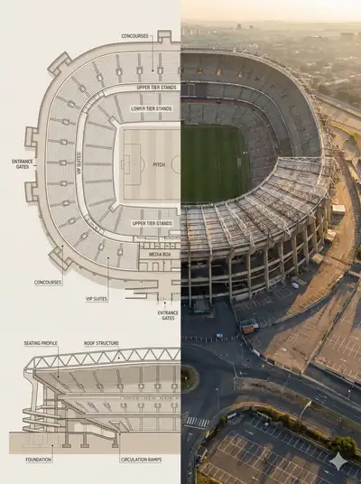 Split architectural blueprint and aerial landmark photo
