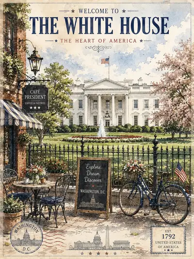 Vintage Watercolor Travel Poster of the White House