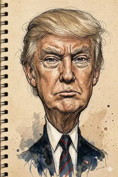 Ink and Watercolor Trump Caricature in Sketchbook
