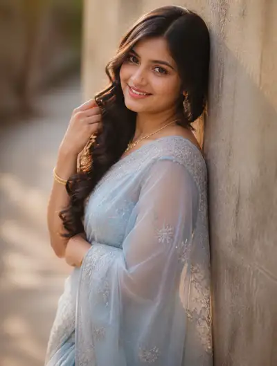 Fashion Portrait of a Woman in a Powder Blue Organza Saree