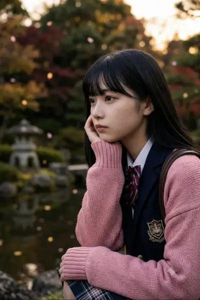 Pensive Student in Autumn Garden Portrait