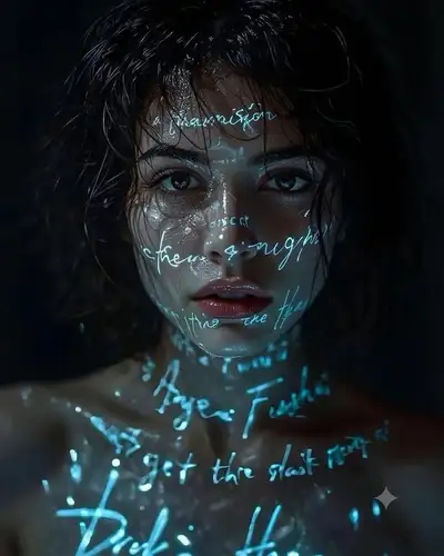 Cyberpunk Wet Portrait with Glowing Text